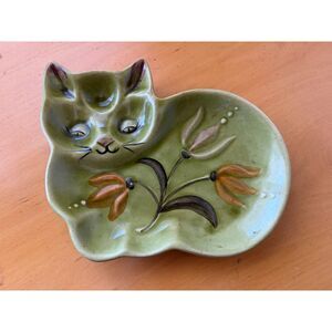 Sweet California Potteries Avocado Green MCM 60's 70's Cat  Trinket Tray